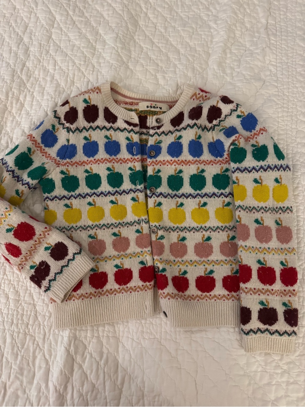 Mini Boden Cream Cardigan with Multicolor Apples